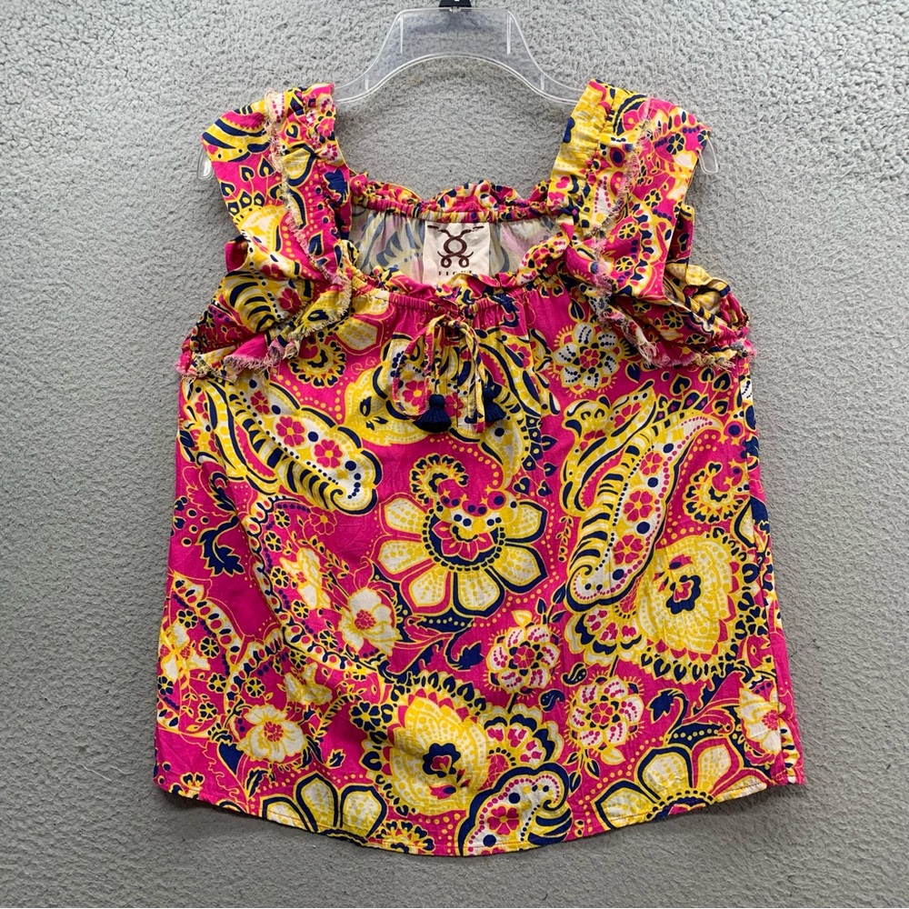 Figue Gianna Ruffle Top Blouse Hot Pink Yellow Sleeveless Tasseled Ruffle Size M